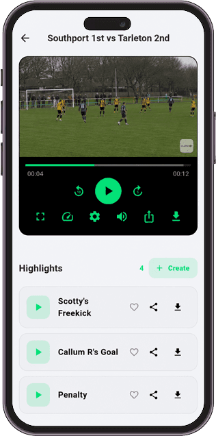 SnapShot showing Southport 1st vs Tarleton 2nd match with auto-generated highlights